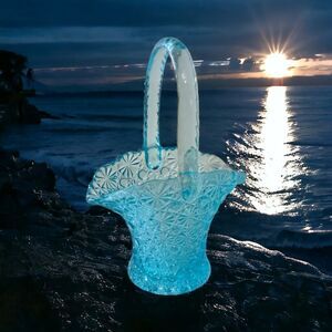 LG Wright Glass Daisy Button Brides Basket Aqua Blue Vintage Coastal TINY FLAKE.